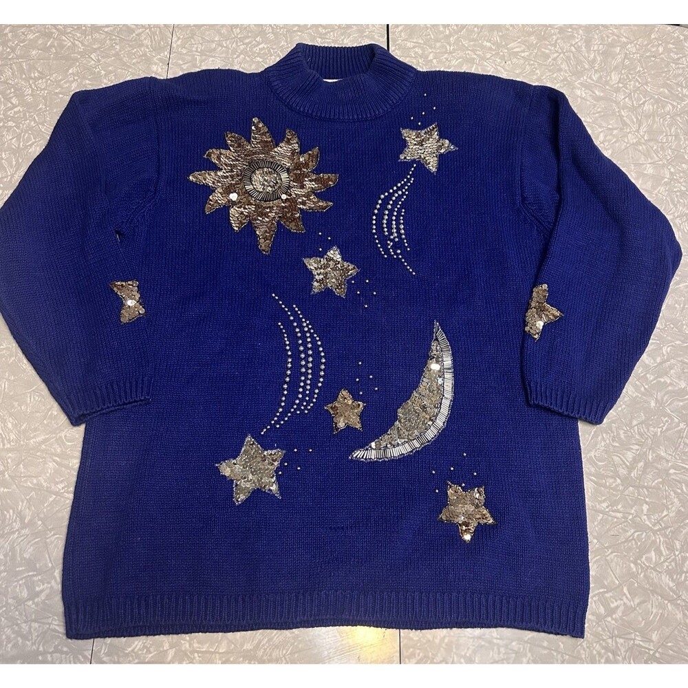 Vintage Shooting Star Sweater Whimsical Whimsigoth Blue Chunky 90s Moon Large